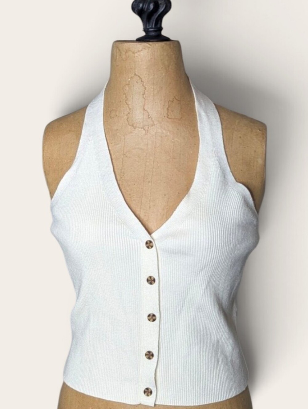 Wild Skye Cream Ribbed Knit Stretch Soft Halter Vest Crop Top Size L